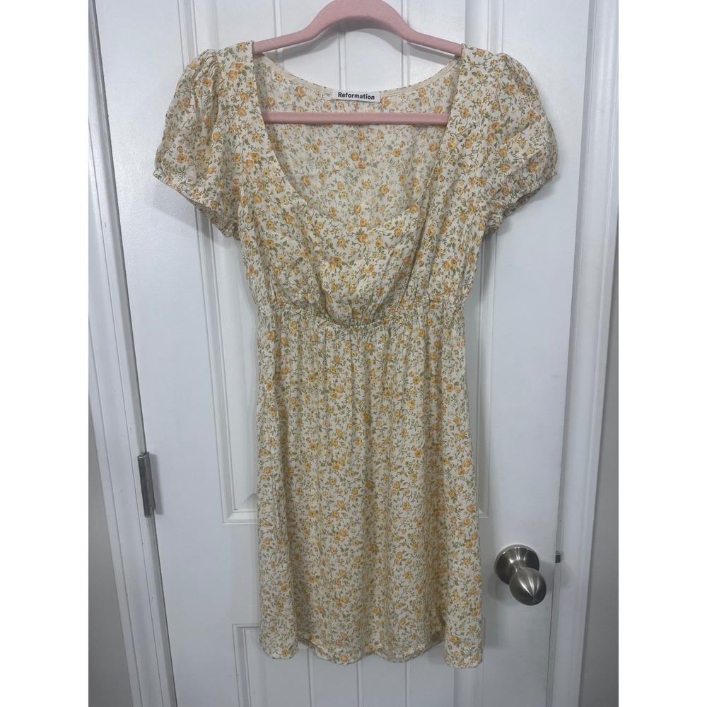 Reformation Floral Puff Sleeve Mini Dress Yellow Cream Scoop Neck XS